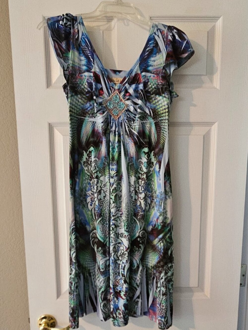 live and let live blue and green pattern dress